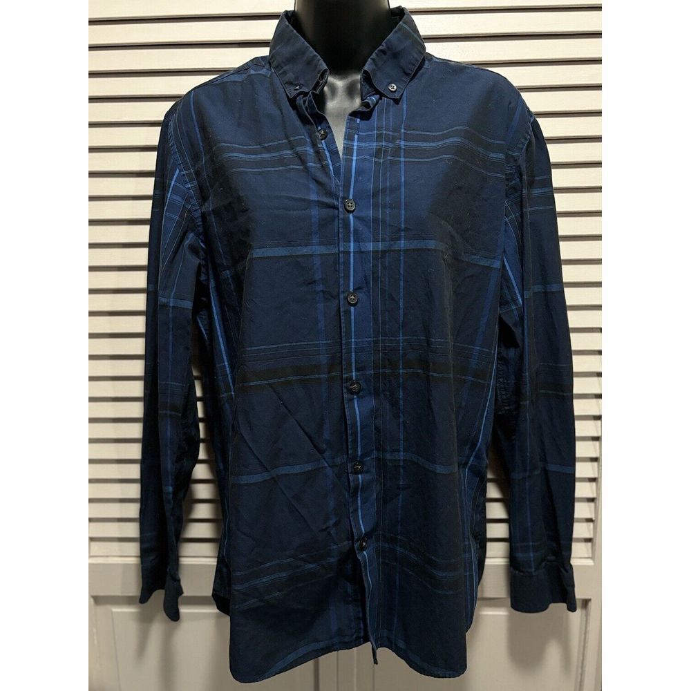 Alfani Slim Fit Navy Blue Button Up Long Sleeve Shirt Plaid Size Medium